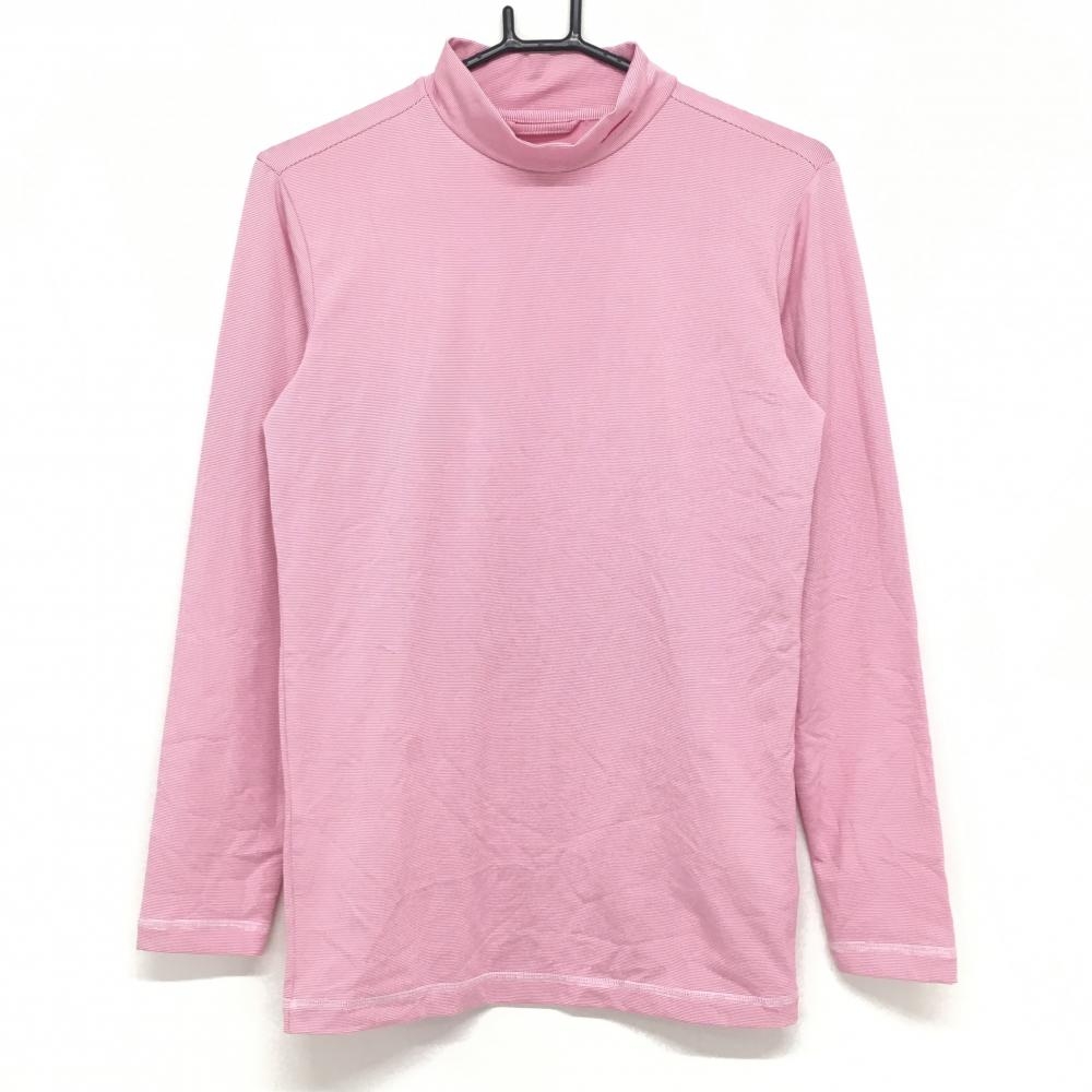 【美品】ナイキゴルフ 長袖ハイネックシャツ ピンク×白 ボーダー ロゴ刺しゅう DRI-FIT メンズ L ゴルフウェア NIKE