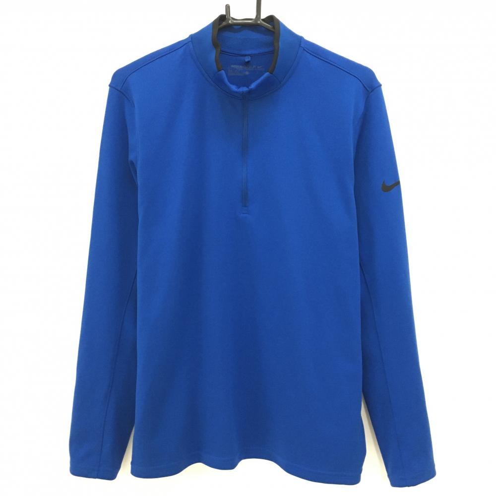 【超美品】ナイキ 長袖ハイネックシャツ ブルー 袖ロゴプリント ハーフジップ DRI-FIT メンズ L ゴルフウェア NIKE