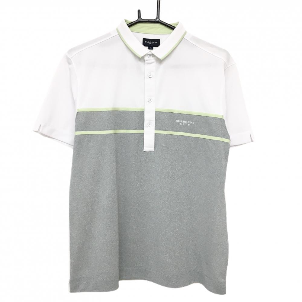 【美品】バーバリーゴルフ 半袖ポロシャツ 白×グレー×ライトグリーン 胸元ライン メンズ L ゴルフウェア BURBERRY GOLF