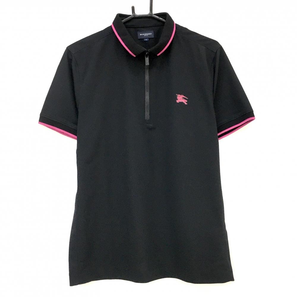 【超美品】バーバリーゴルフ 半袖ポロシャツ 黒×ピンク ハーフジップ メンズ L ゴルフウェア BURBERRY GOLF