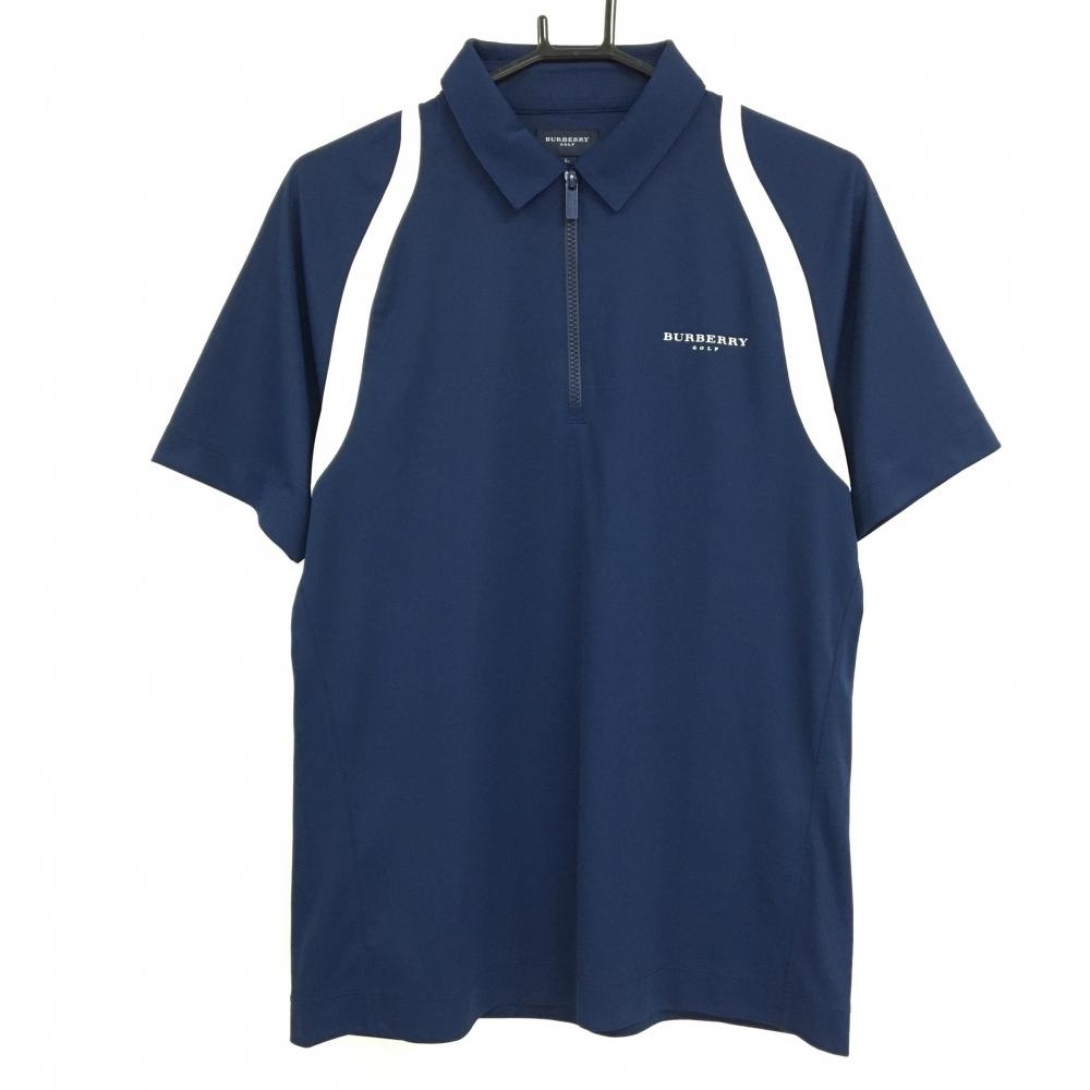 【超美品】バーバリーゴルフ 半袖ポロシャツ ネイビー×白 ハーフジップ メンズ L ゴルフウェア BURBERRY GOLF