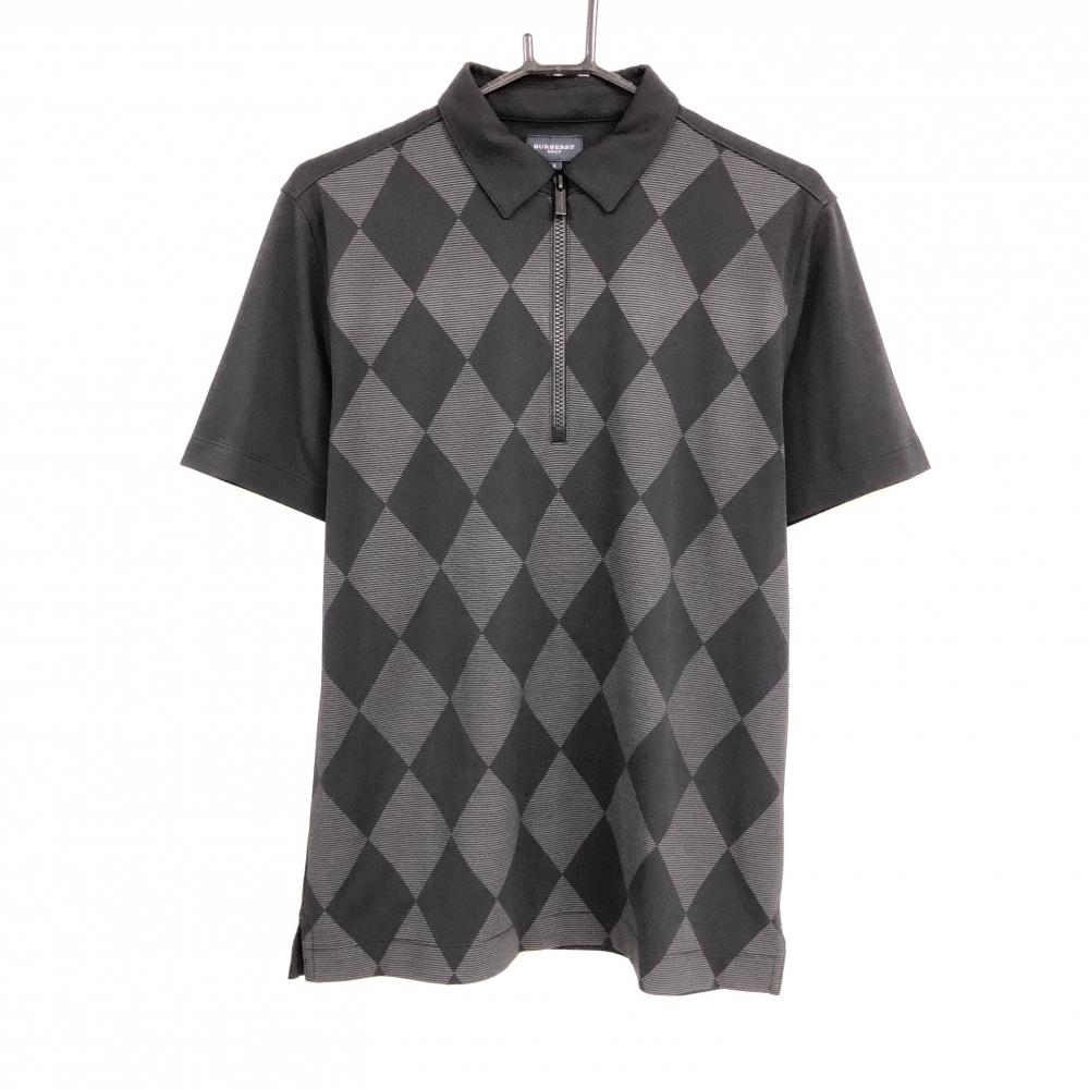 【超美品】バーバリーゴルフ 半袖ポロシャツ 黒×グレー 前面ダイヤ柄 ハーフジップ メンズ 3(L) ゴルフウェア BURBERRY GOLF