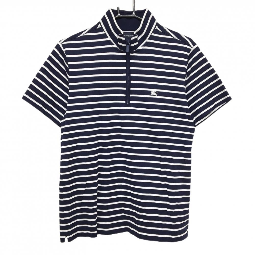 【美品】バーバリーゴルフ 半袖ハイネックシャツ ネイビー×白 ボーダー ハーフジップ  メンズ L ゴルフウェア BURBERRY GOLF