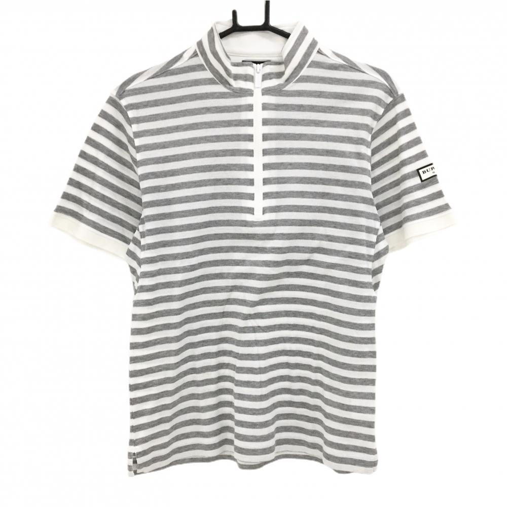【美品】バーバリーゴルフ 半袖ハイネックシャツ 白×グレー ボーダー ハーフジップ  メンズ 3(L) ゴルフウェア BURBERRY GOLF