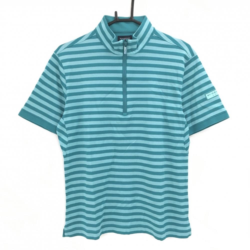 【超美品】バーバリーゴルフ 半袖ハイネックシャツ ブルーグリーン系 ボーダー ハーフジップ メンズ 3(L) ゴルフウェア BURBERRY GOLF