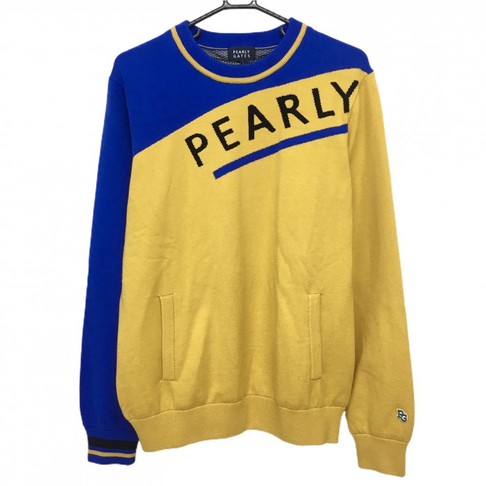【超美品】パーリーゲイツ セーター イエロー×ブルー 裏地付 ウール混 メンズ 6(XL) ゴルフウェア 2023年モデル PEARLY GATES