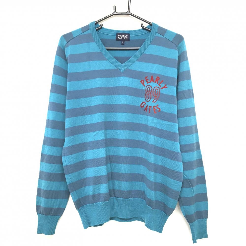 【超美品】パーリーゲイツ セーター ブルーグリーン×グレー ボーダー ウール100％ ニット メンズ 5(L) ゴルフウェア PEARLY GATES