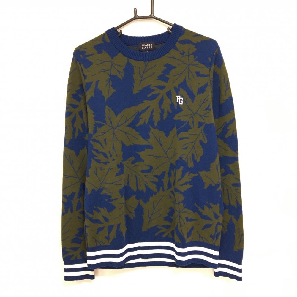 【超美品】パーリーゲイツ セーター ネイビー×カーキ リーフ柄 ウール混 ニット メンズ 6(XL) ゴルフウェア PEARLY GATES
