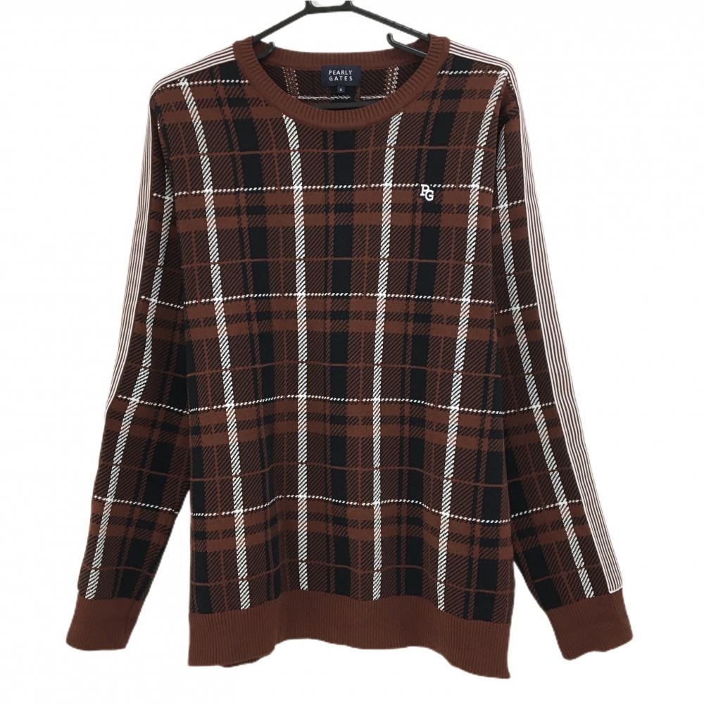 【超美品】パーリーゲイツ セーター ブラウン×黒×白 チェック コットン混 ニット メンズ 6(XL) ゴルフウェア PEARLY GATES