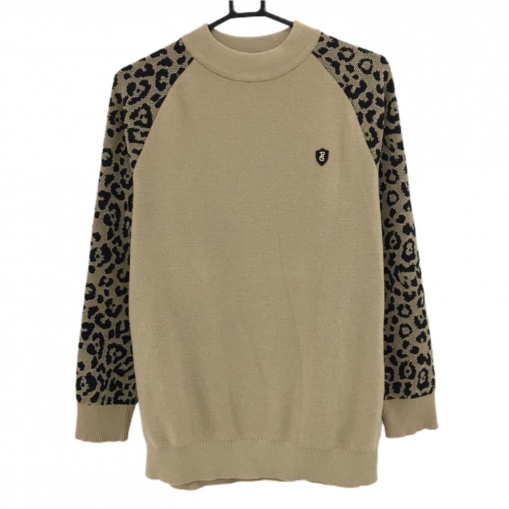 【美品】パーリーゲイツ セーター ライトブラウン×黒 袖レオパード柄 ウール混 ニット メンズ 5(L) ゴルフウェア PEARLY GATES