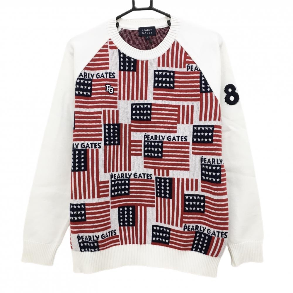 【新品】パーリーゲイツ セーター 白×レッド×ネイビー 総柄 星条旗 ニット メンズ 5(L) ゴルフウェア PEARLY GATES