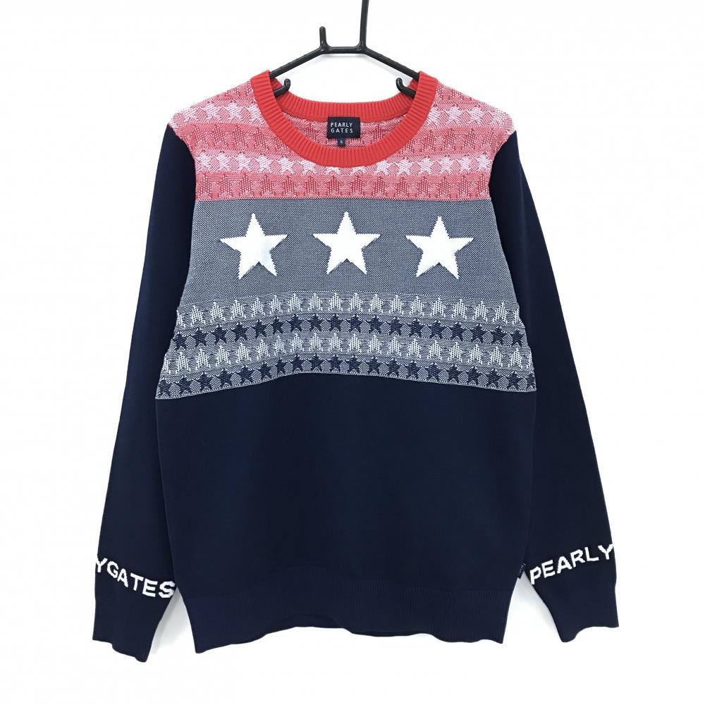 【超美品】パーリーゲイツ セーター ネイビー×白×レッド 胸上星柄 袖口ロゴ ニット メンズ 6(XL) ゴルフウェア PEARLY GATES