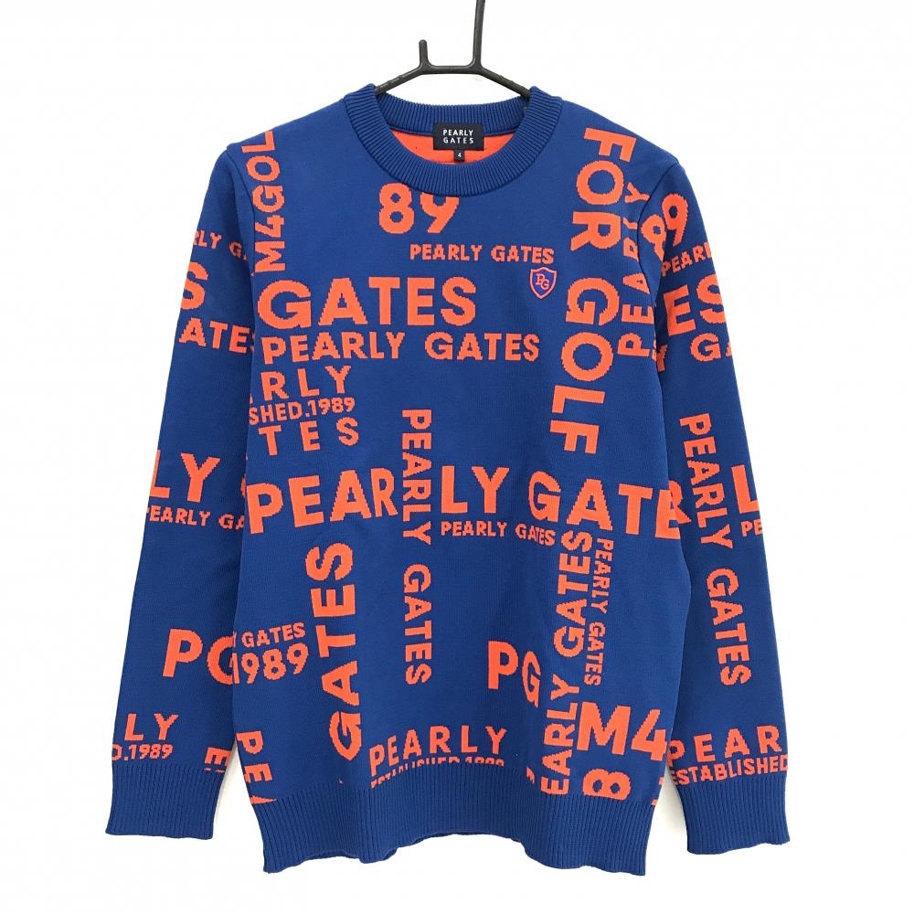 【美品】パーリーゲイツ セーター ブルー×オレンジ ロゴ総柄 メンズ 4(M) ゴルフウェア PEARLY GATES