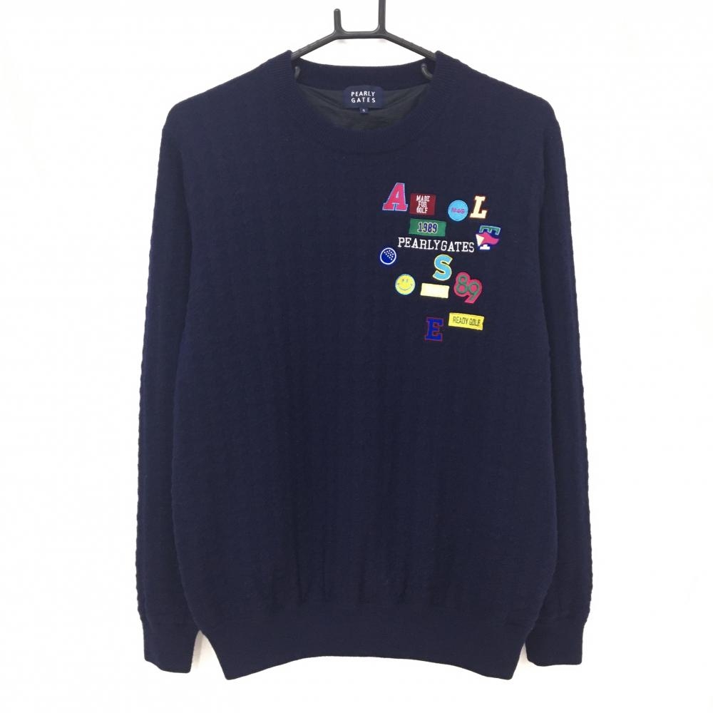 【美品】パーリーゲイツ セーター ネイビー ニコちゃん スマイル ウール混 ニット 裏地付 メンズ 5(L) ゴルフウェア PEARLY GATES