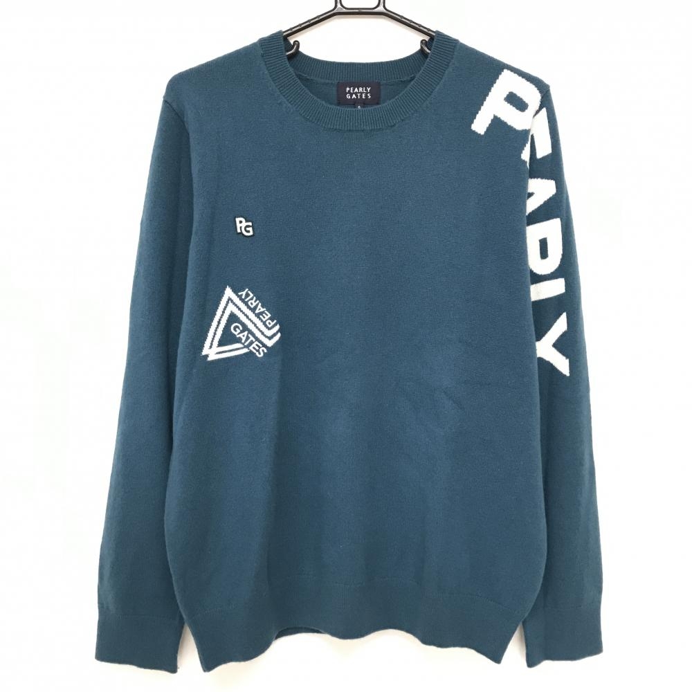 【超美品】パーリーゲイツ セーター ブルーグリーン×白 カシミヤ100％ ニット 袖ロゴ メンズ 6(XL) ゴルフウェア 2024年モデル PEARLY GATES