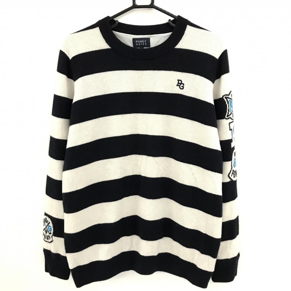 【美品】パーリーゲイツ セーター 白×黒 太ボーダー カシミヤ混 ニット 裏地付  メンズ 6(XL) ゴルフウェア PEARLY GATES