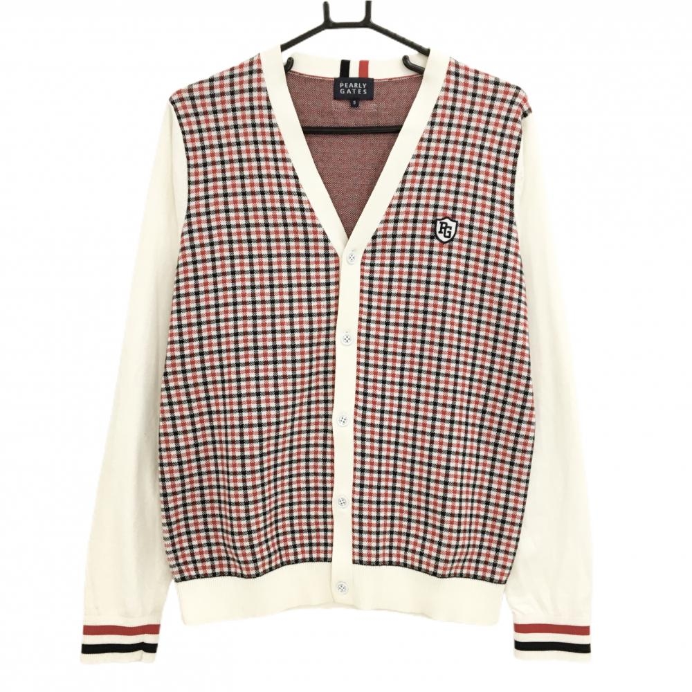 パーリーゲイツ ニットカーディガン 白×黒×レッド 身頃チェック コットン100% メンズ 5(L) ゴルフウェア PEARLY GATES