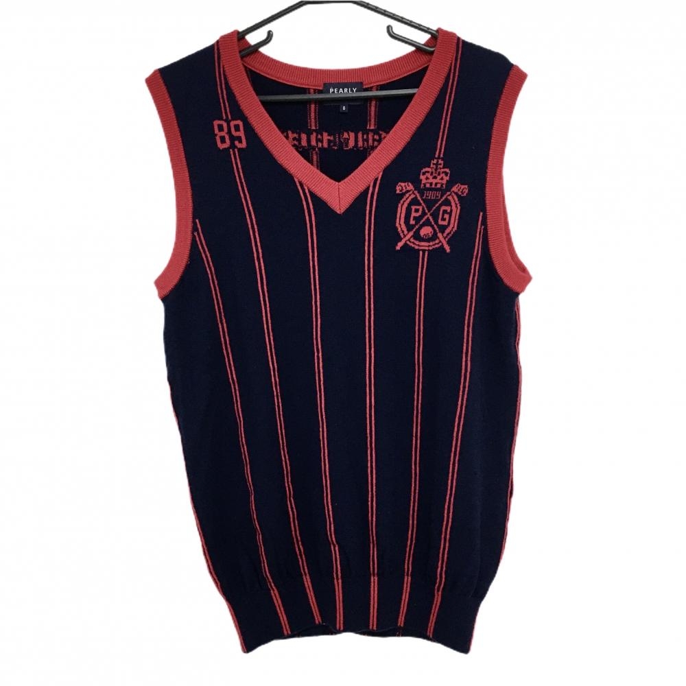【超美品】パーリーゲイツ ニットベスト ネイビー×レッド ストライプ ウール100％ Vネック メンズ 6(XL) ゴルフウェア PEARLY GATES