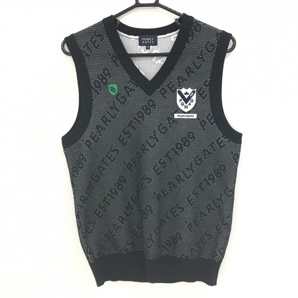 【超美品】パーリーゲイツ ニットベスト 黒×白 Vネック ロゴ総柄 メンズ 5(L) ゴルフウェア PEARLY GATES