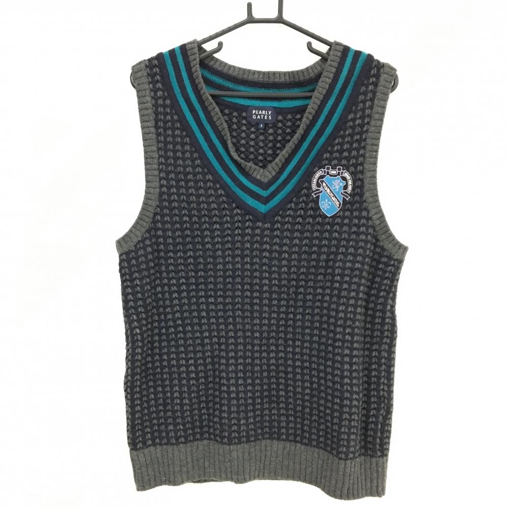 パーリーゲイツ ニットベスト ネイビー×グレー ネックライン ウール混  メンズ 6(XL) ゴルフウェア PEARLY GATES