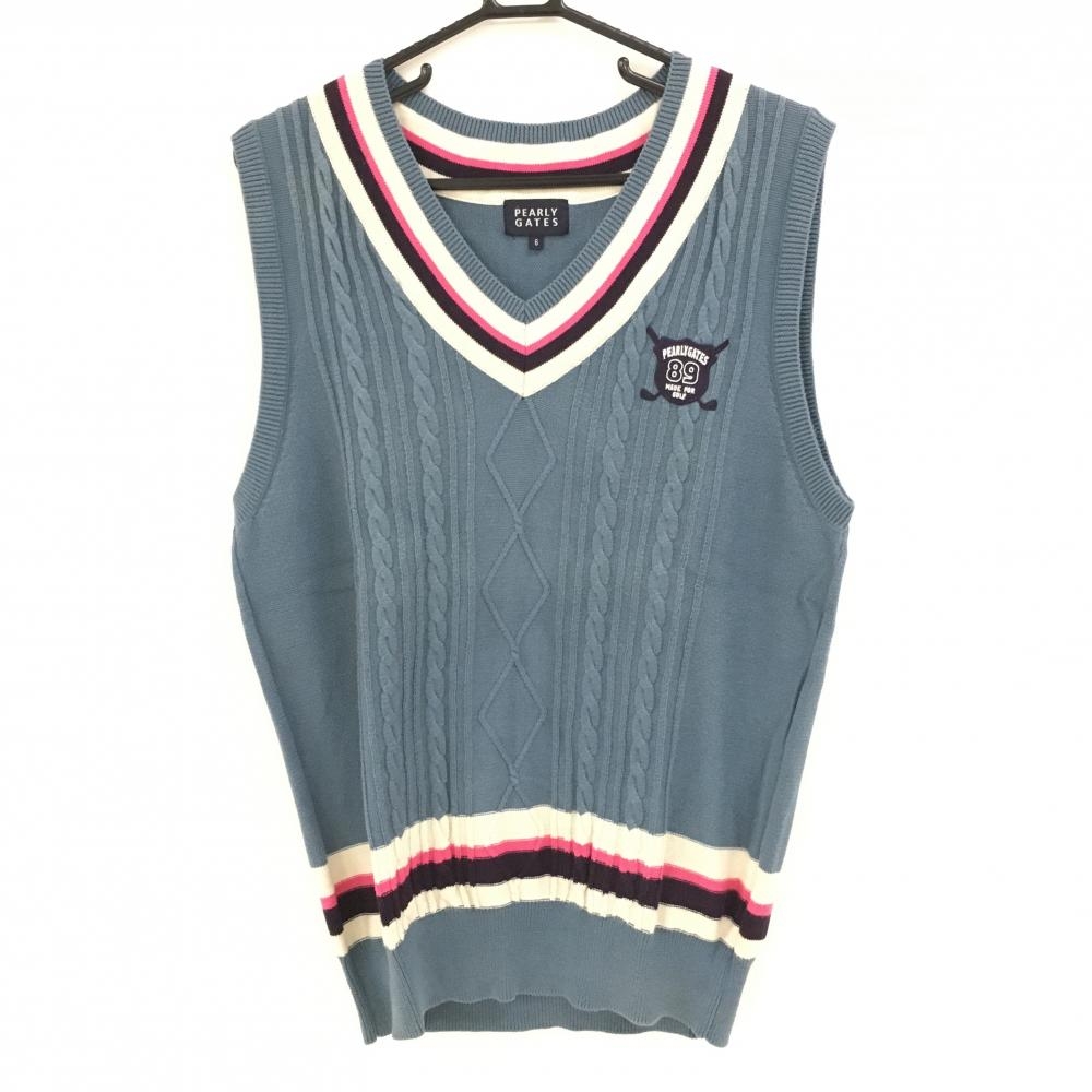 【美品】パーリーゲイツ ニットベスト スモーキーブルー×白×ピンク  メンズ 6(XL) ゴルフウェア PEARLY GATES