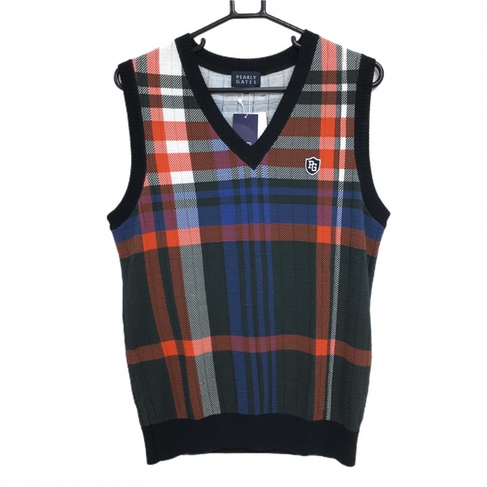 【新品】パーリーゲイツ ニットベスト ネイビー×レッド×ブルー Vネック チェック メンズ 4(M) ゴルフウェア PEARLY GATES
