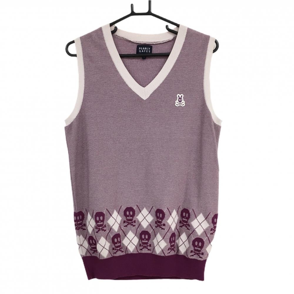 【美品】パーリーゲイツ ニットベスト パープル×ライトベージュ スカル 細ボーダー コットン混  メンズ 4(M) ゴルフウェア PEARLY GATES