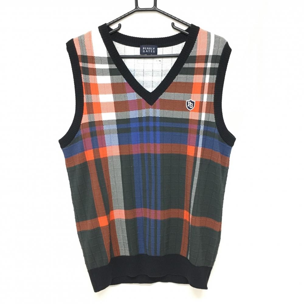 【美品】パーリーゲイツ ニットベスト 黒系×レッド×ブルー チェック Vネック コットン100％ メンズ 5(L) ゴルフウェア PEARLY GATES