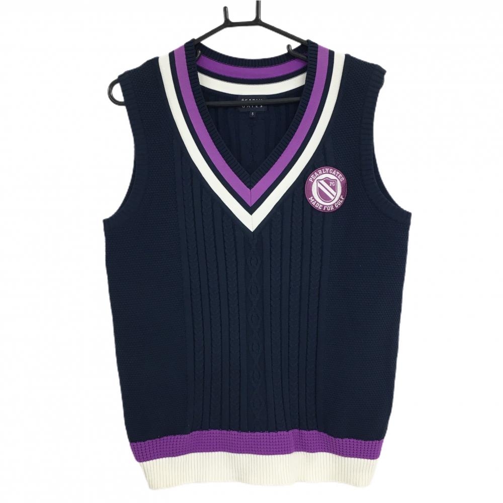 【超美品】パーリーゲイツ ニットベスト ネイビー ケーブル編み Vネック メンズ 5(L) ゴルフウェア PEARLY GATES