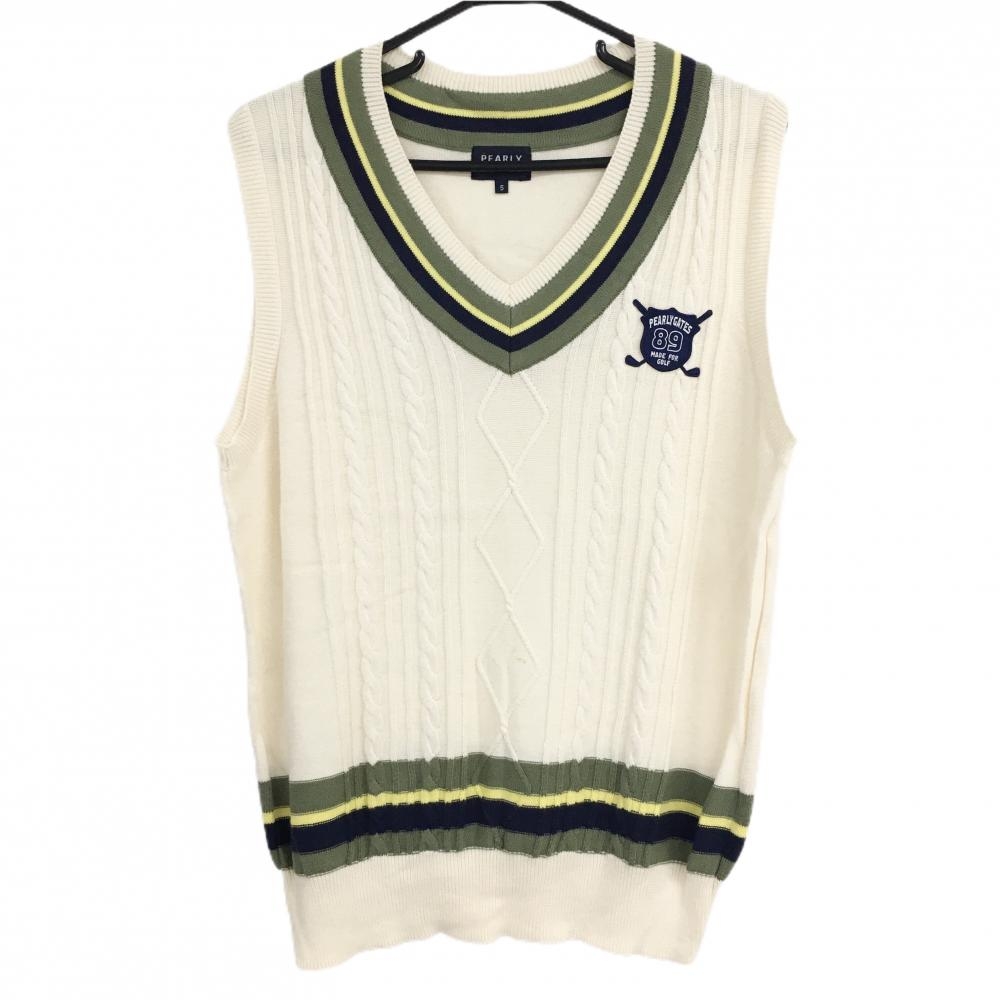 パーリーゲイツ ニットベスト アイボリー×カーキ 前面ケーブル編み コットン100% Vネック メンズ 5(L) ゴルフウェア PEARLY GATES
