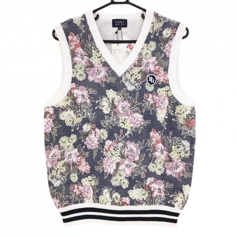 【新品】パーリーゲイツ ニットベスト ネイビー×白×マルチカラー 花柄 メッシュ調 Vネック メンズ 5(L) ゴルフウェア PEARLY GATES