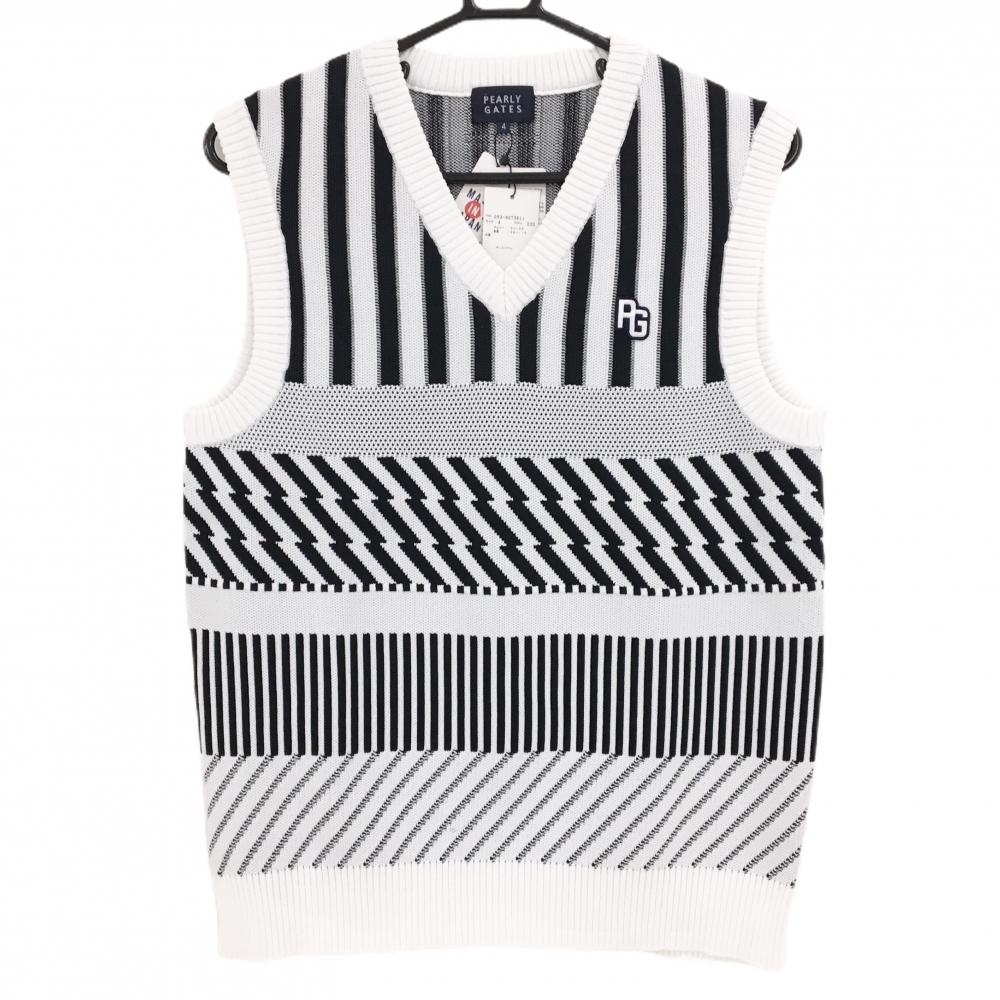 【新品】パーリーゲイツ ニットベスト 白×ダークネイビー 総柄 胸ロゴ Vネック メンズ 4(M) ゴルフウェア PEARLY GATES