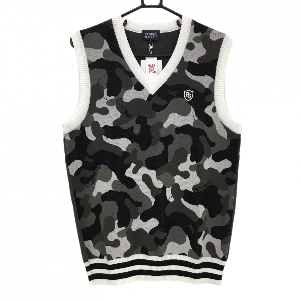 【新品】パーリーゲイツ ニットベスト カーキ系×グレー×黒 カモフラ 迷彩 Vネック メンズ 5(L) ゴルフウェア PEARLY GATES