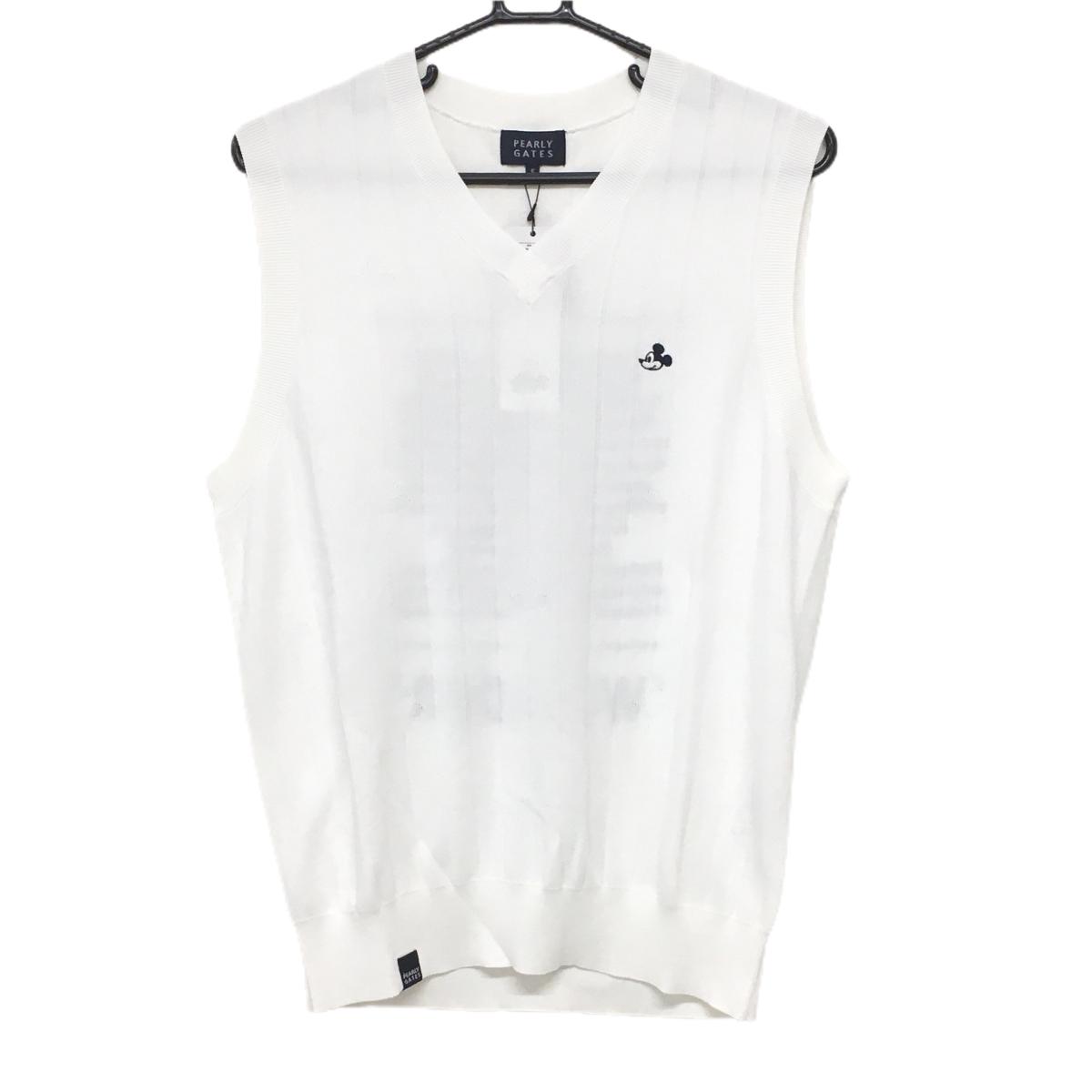 【新品】パーリーゲイツ×Disney ニットベスト 白×ネイビー ミッキー刺しゅう ストライプ調編み  メンズ 5(L) ゴルフウェア PEARLY GATES