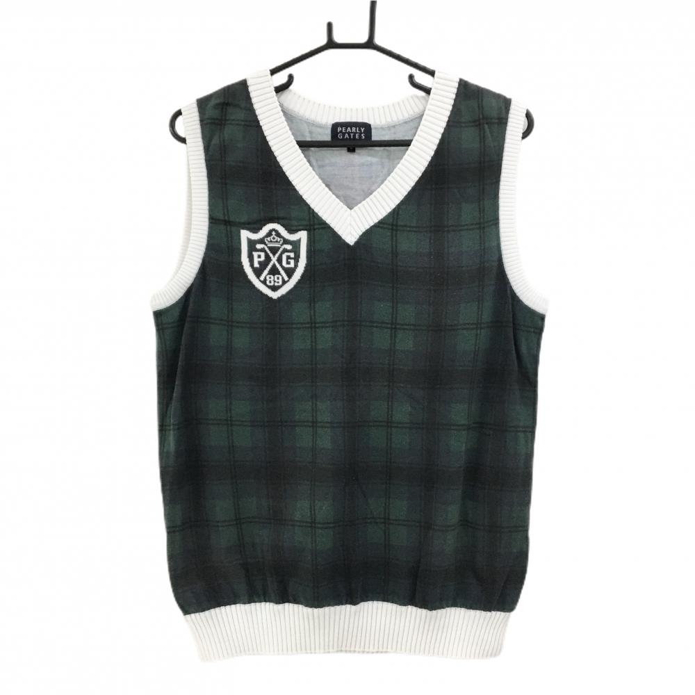 パーリーゲイツ ニットベスト グリーン×黒 Vネック チェック メンズ 4(M) ゴルフウェア PEARLY GATES