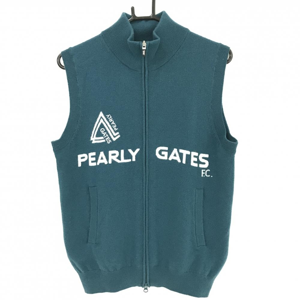 【超美品】パーリーゲイツ ニットベスト グリーン×白 カシミヤ100％ フルジップ メンズ 4(M) ゴルフウェア PEARLY GATES