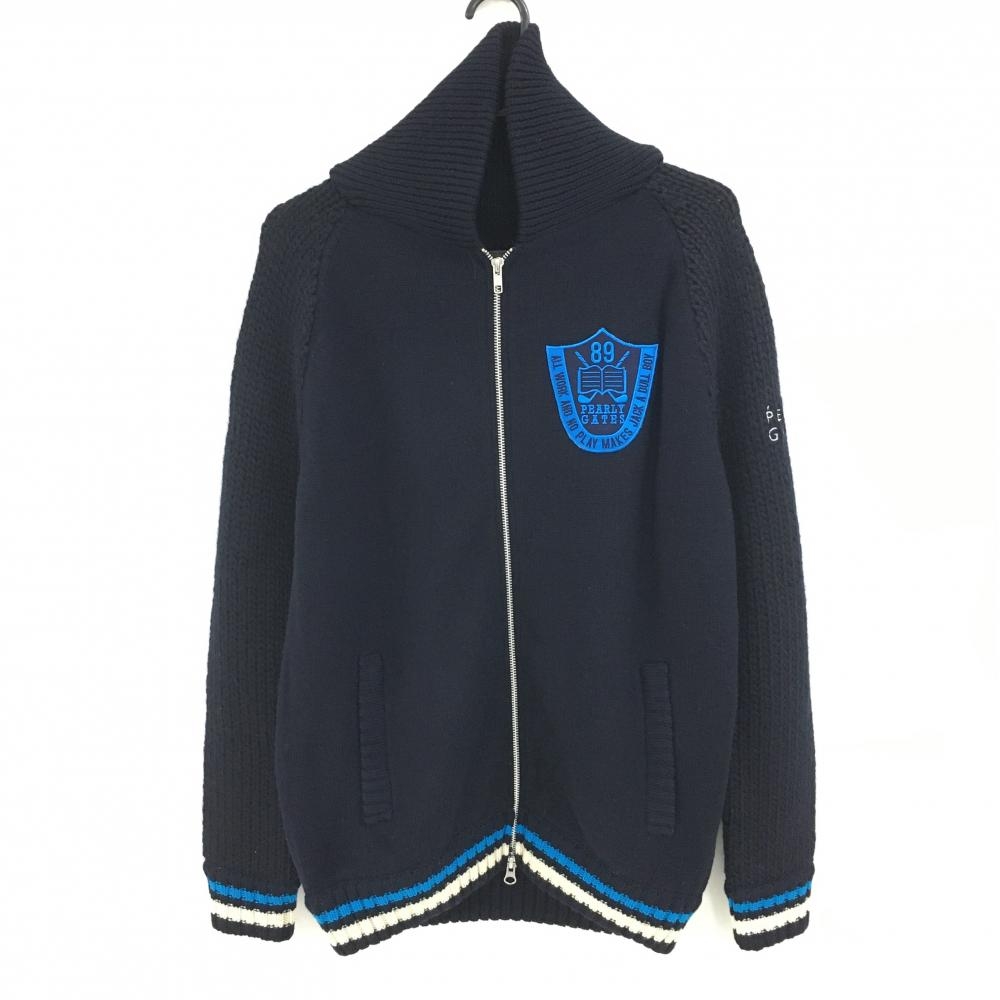 【新品】パーリーゲイツ ニットジャケット ネイビー×ブルー×白 ダブルジップ ウール100％ 胸ロゴ メンズ 5(L) ゴルフウェア PEARLY GATES