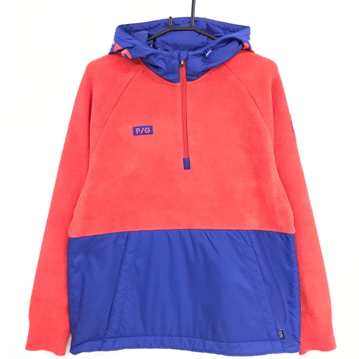 【新品】パーリーゲイツ フード付ブルゾン レッド×ブルー 起毛 切替 ハーフジップ メンズ 6(XL) ゴルフウェア PEARLY GATES