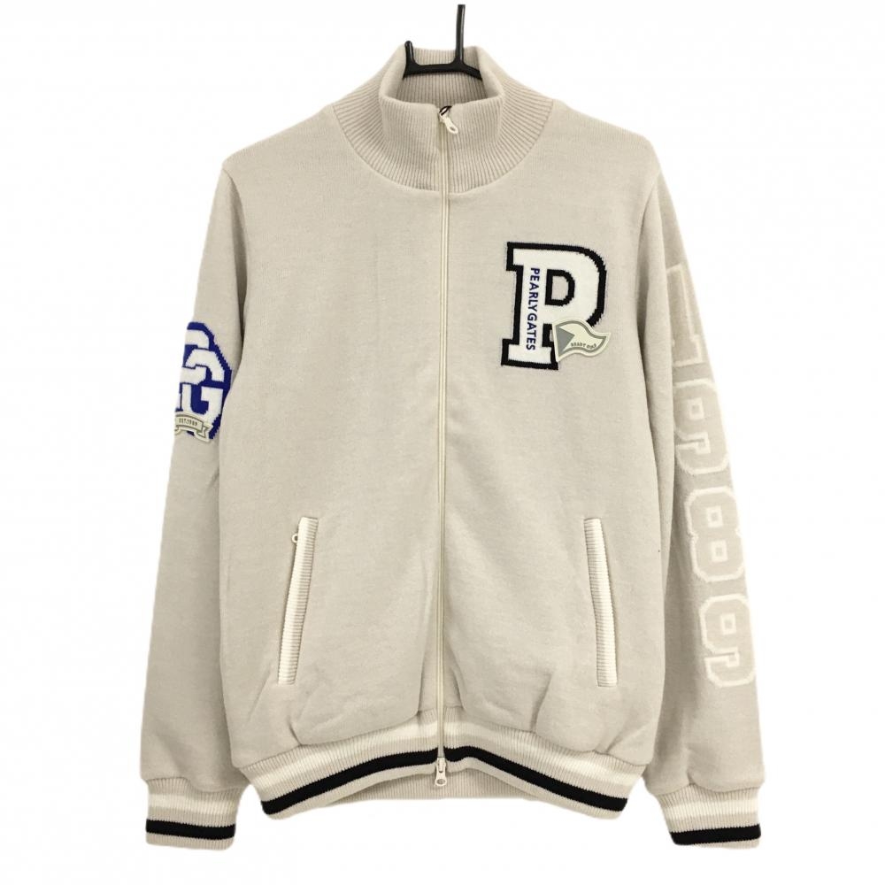 【新品】パーリーゲイツ ニットジャケット ライトベージュ系×黒×白 裏地柄 胸ロゴ メンズ 5(L) ゴルフウェア 2024年モデル PEARLY GATES