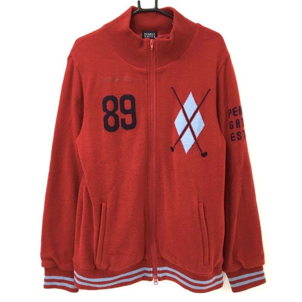 パーリーゲイツ ニットジャケット レッド×ネイビー 背面アーガイル 裏地付 ウール混 メンズ 6(XL) ゴルフウェア PEARLY GATES