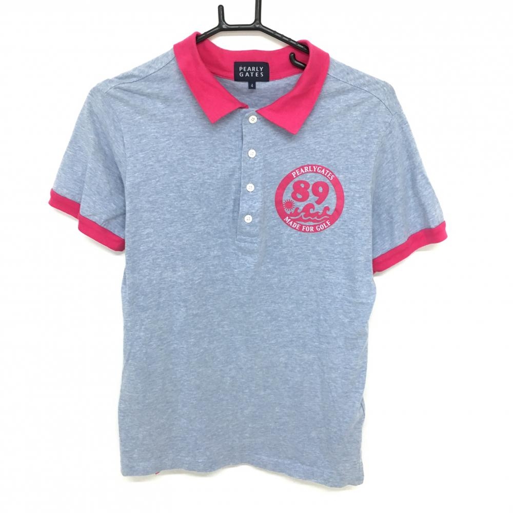 【美品】パーリーゲイツ 半袖ポロシャツ 杢ライトネイビー×ピンク  メンズ 4(M) ゴルフウェア PEARLY GATES 画像