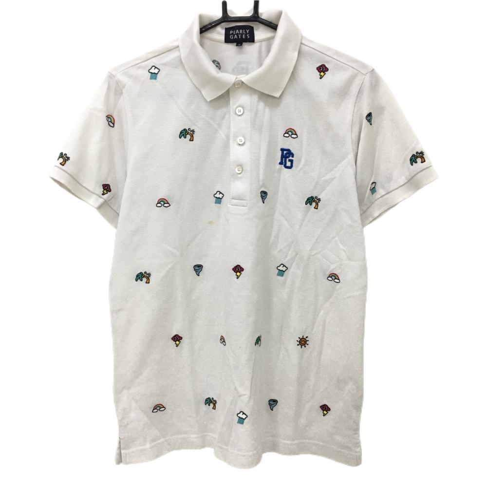 パーリーゲイツ 半袖ポロシャツ 白×マルチ ウェザー柄刺しゅう 日本製 メンズ 5(L) ゴルフウェア PEARLY GATES