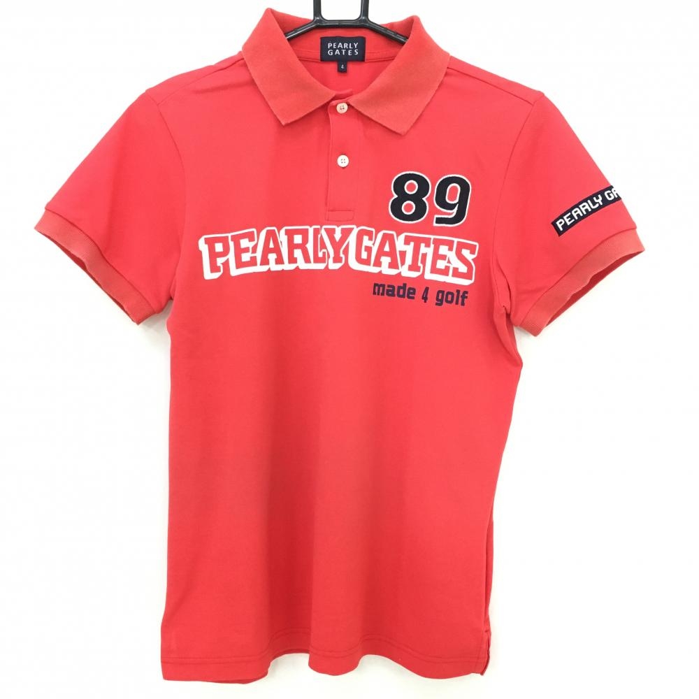 パーリーゲイツ 半袖ポロシャツ レッド×白 フロントプリント  メンズ 4(M) ゴルフウェア PEARLY GATES