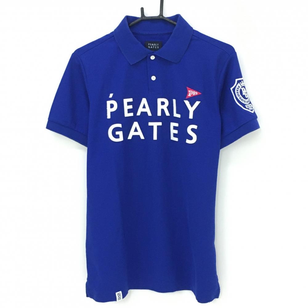 パーリーゲイツ 半袖ポロシャツ ブルー×白 30周年 フェルトロゴ  メンズ 5(L) ゴルフウェア PEARLY GATES