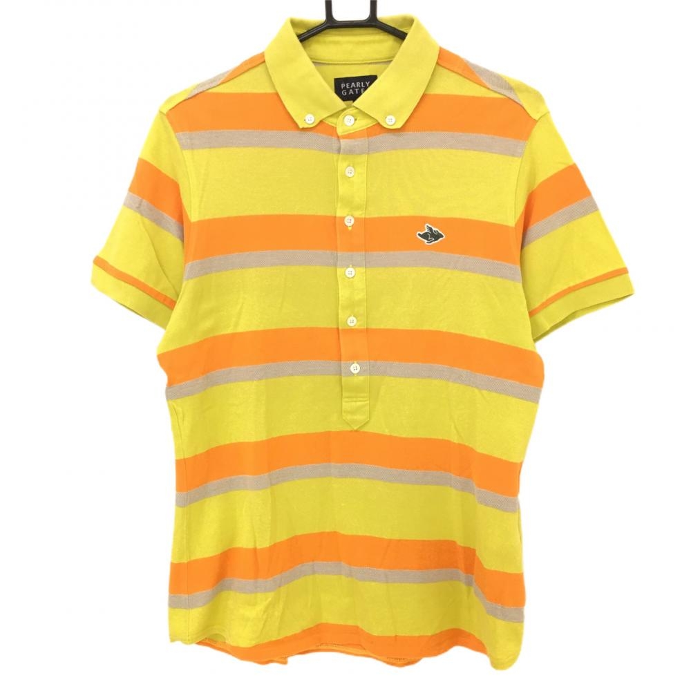 【美品】パーリーゲイツ 半袖ポロシャツ イエロー×オレンジ ランダムボーダー ボタンダウン  メンズ 5(L) ゴルフウェア PEARLY GATES 画像