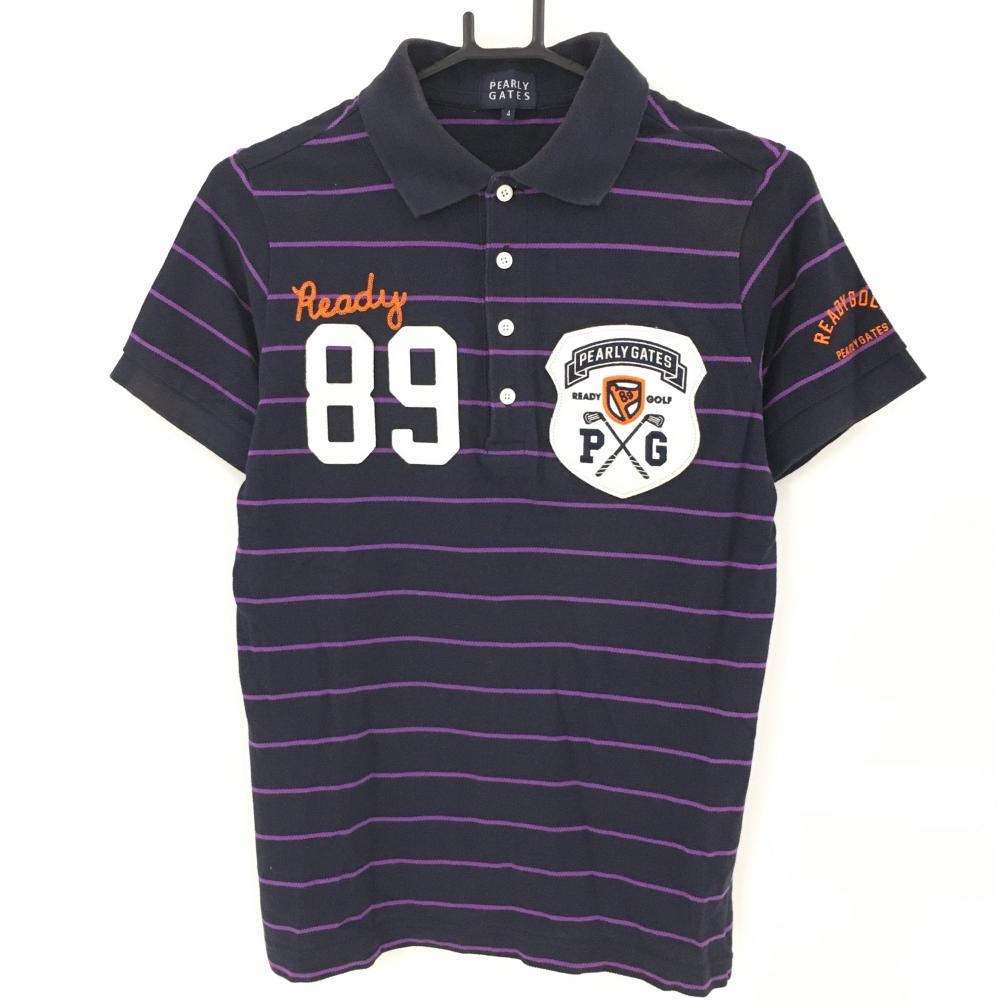 パーリーゲイツ 半袖ポロシャツ ダークネイビー×パープル ボーダー フェルトワッペン 日本製 メンズ 4(M) ゴルフウェア PEARLY GATES