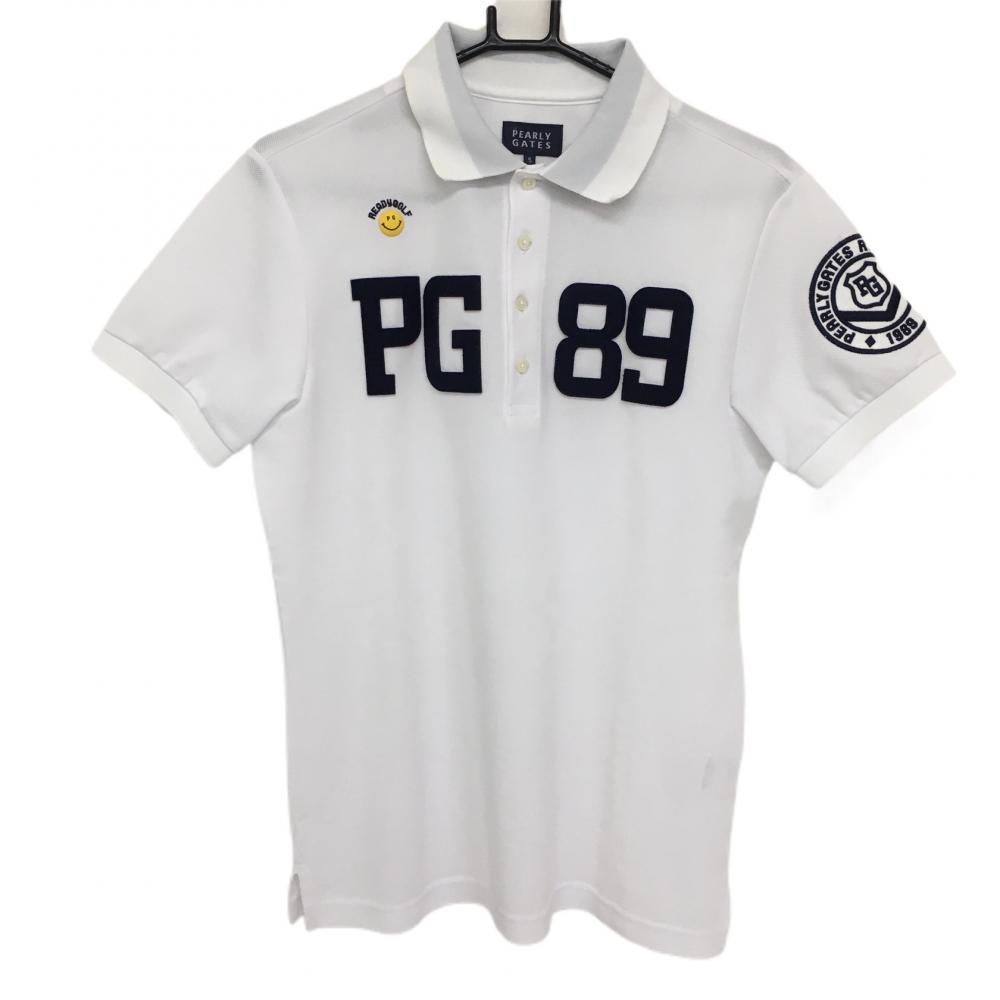 パーリーゲイツ 半袖ポロシャツ 白×ネイビー ニコちゃん 袖刺しゅうワッペン スマイル メンズ 5(L) ゴルフウェア PEARLY GATES 画像
