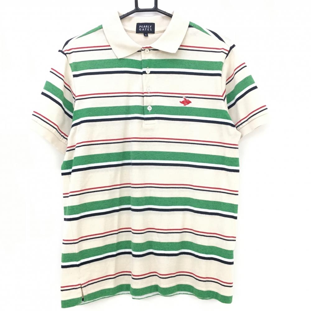 【美品】パーリーゲイツ 半袖ポロシャツ ベージュ×グリーン ランダムボーダー コットン混 日本製  メンズ 5(L) ゴルフウェア PEARLY GATES