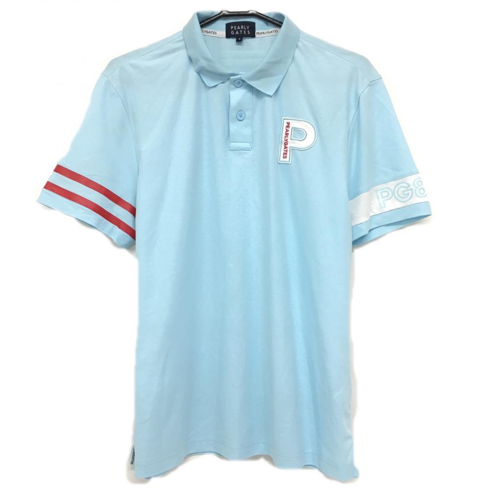 パーリーゲイツ 半袖ポロシャツ ライトブルー×白 袖ライン 韓国モデル メンズ 5(L) ゴルフウェア PEARLY GATES