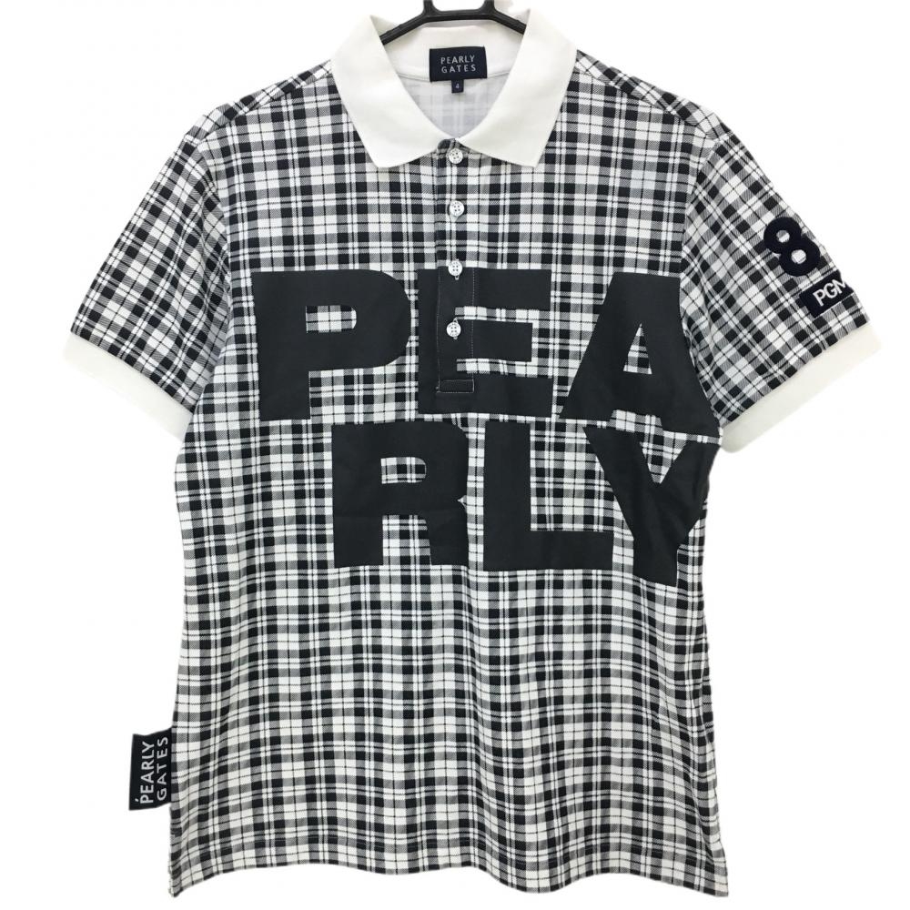 【美品】パーリーゲイツ 半袖ポロシャツ 白×黒 チェック ビッグロゴ メンズ 4(M) ゴルフウェア PEARLY GATES 画像